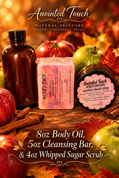 8oz Body Oil, 5oz Cleansing Bar, & 4oz Whipped Sugar Scrub